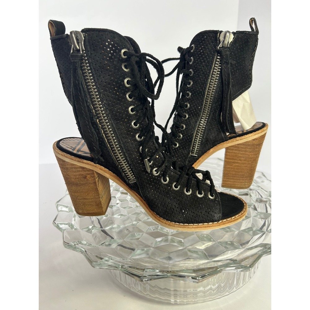 Dolce Vita Black Suede Lace Up Open Toe Heeled Booties Size 6 1/2 164